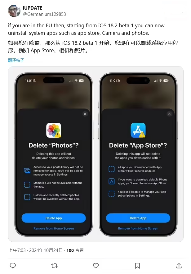 高邮苹果手机维修分享iOS 18.2 支持删除 App Store 应用商店 